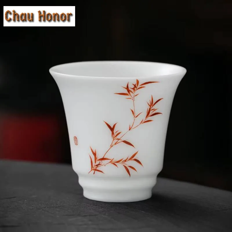 110ml Ice Mutton Fat Jade Porcelain Teacup Hand-painted Bamboo Plain Master Cup Tea Pair Snifter Cup Jianzhan Teaware Gift Box