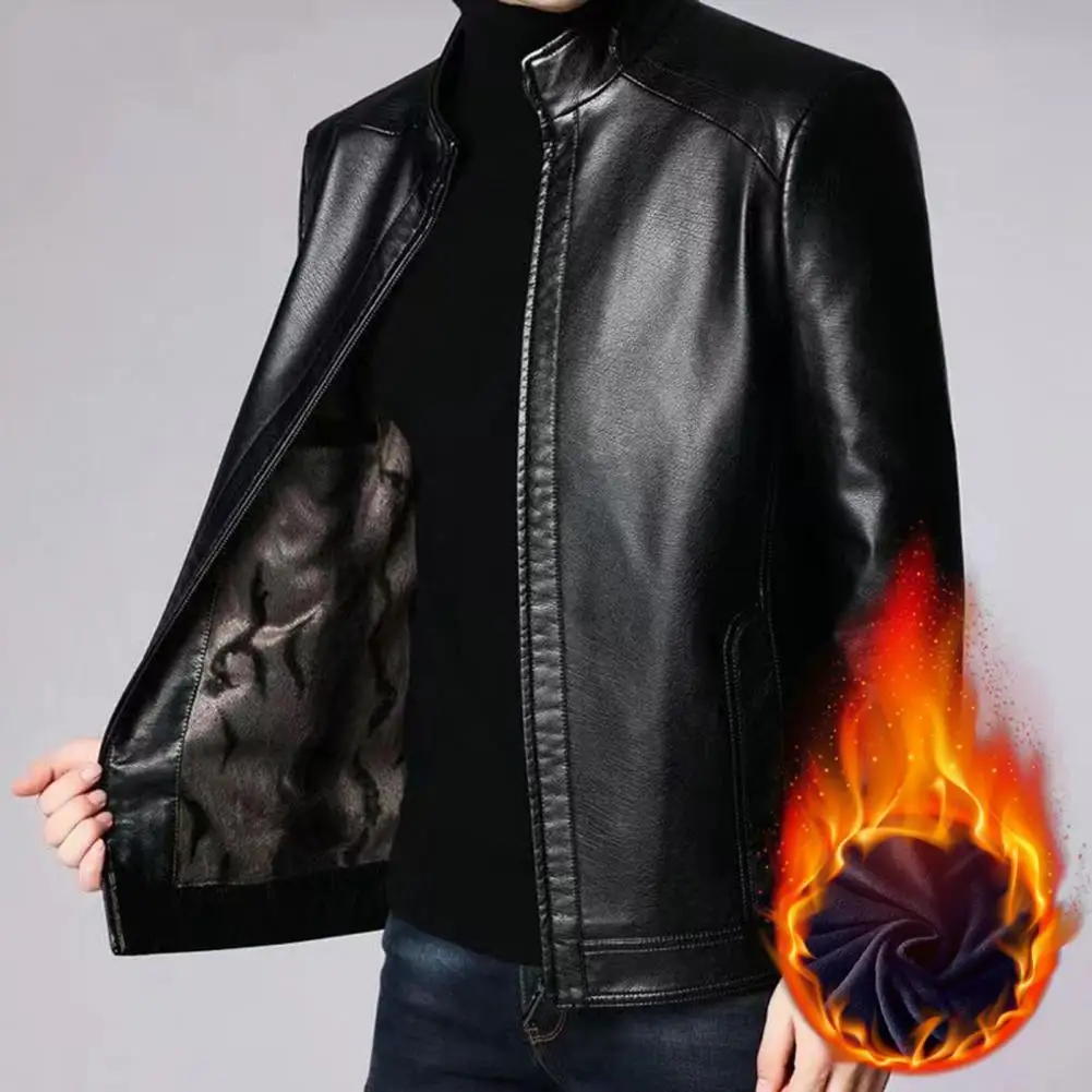 

Men Faux Leather Coat Solid Color Winter Coat Windproof Mid-aged Men's Faux Leather Jacket with Plush Heat Retention Stand