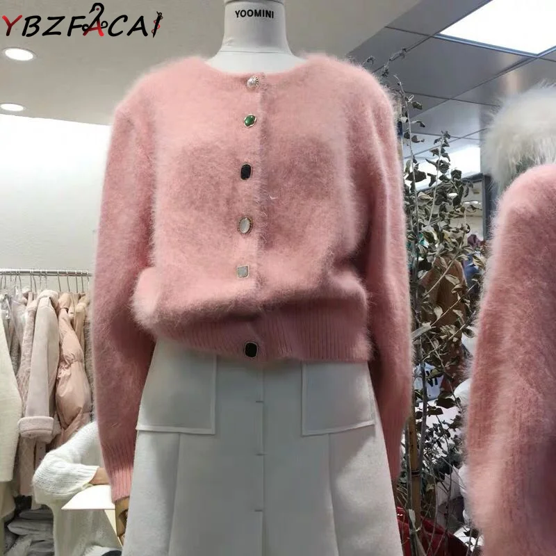 

Fashion O Neck Pearl Gem Button White Sweater Coat Women Winter High Quality Solid Color Mink Fleece Thickened Warm Sweater Top