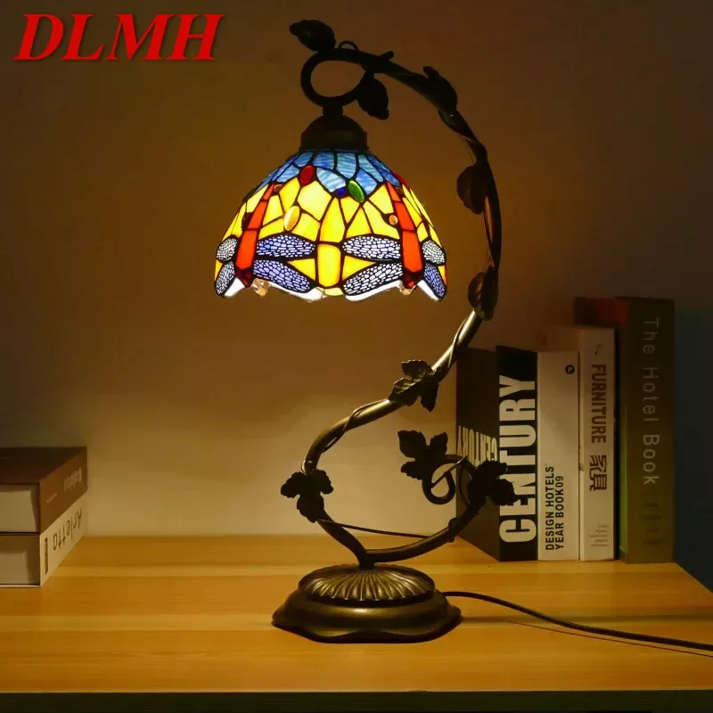 

DLMH Tiffany Table Lamp American Retro Living Room Bedroom Lamp Luxurious Villa Hotel Stained Glass Desk Lamp