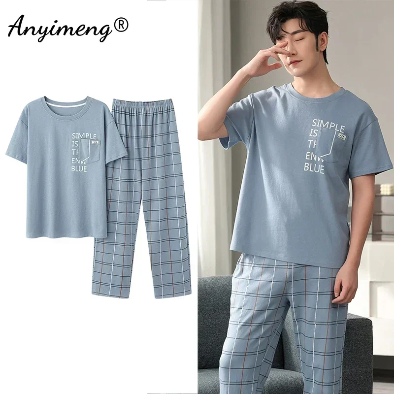 Mens Pajamas 3xl 4xl Sleepwear Short Sleeved Long Pants Cotton Leisure Pyjamas Boy Plaid Pants Men Summer Nightwear