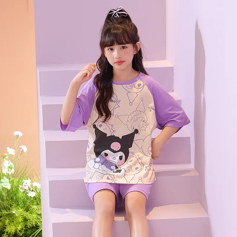 

Kawaii Hello Kitty аниме Sanrio пижамы хлопковые с коротким рукавом набор милый мультфильм Kuromi Cinnamoroll My Melody домашняя пижама одежды