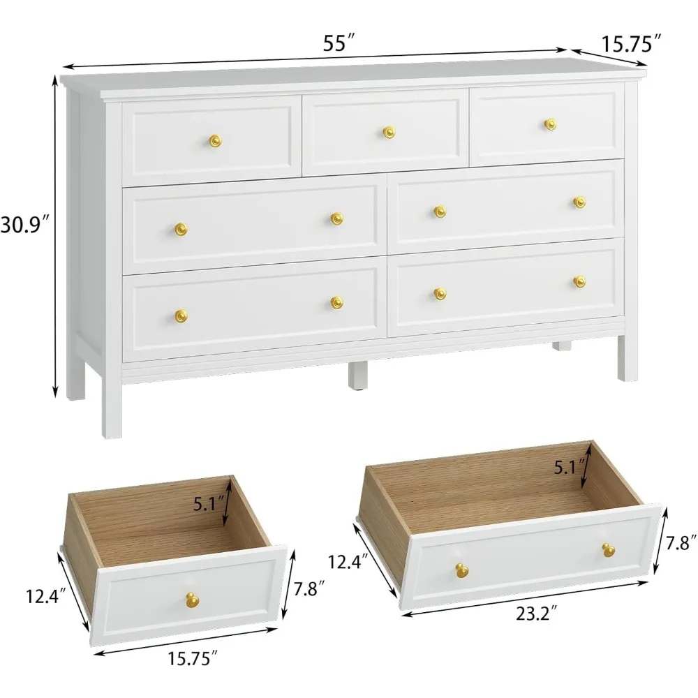 white dresser for bedroom, 7 drawer dresser with wide drawers and gold metal handles, 55" white and gold dresser tv stand, mode