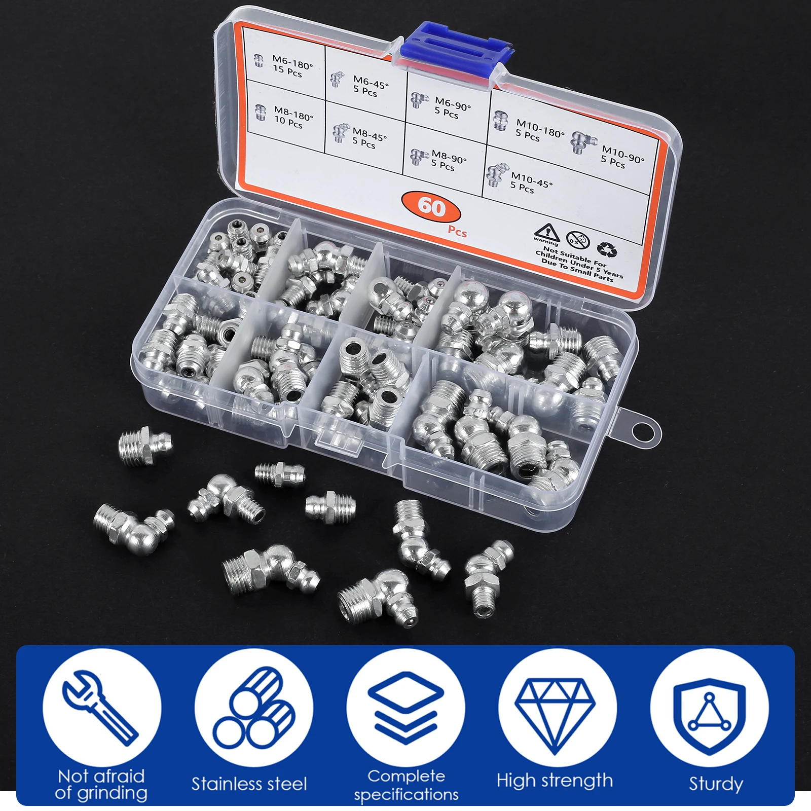 Grease fitting assortment 60/120 pcs metric straight 45&deg;/90&deg; angle galvanized metal nipple storage box