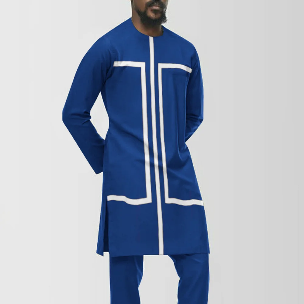 African Ethnic Style Men's Printed Fashion Muslim Clothing Men's Robe Islamic Hombre Pakistani Muslim Set Kaftan Qamis Musulman