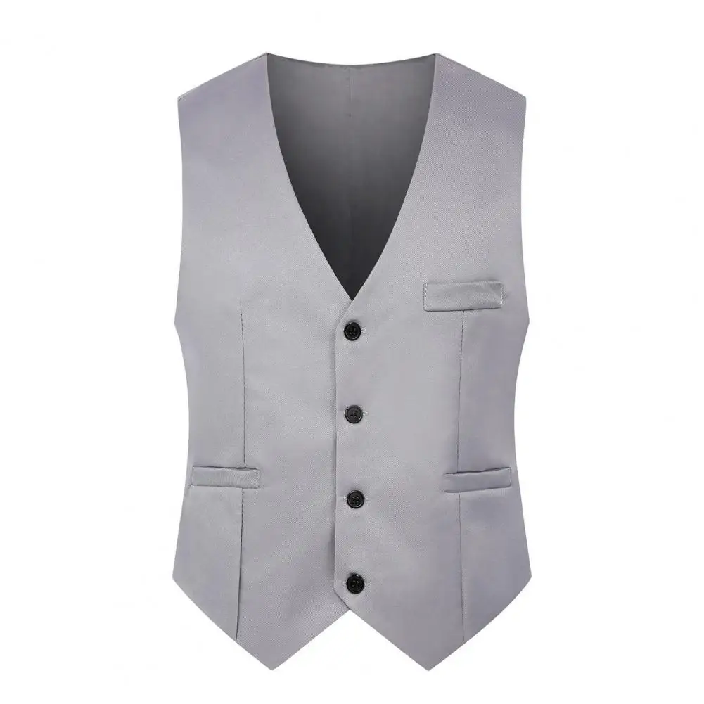 Formal Vest Sleeveless Pockets Single-Breasted Male Suit Vest Casual Party Bar Banquet Dress Waistcoat Solid Color Suit Vest 3