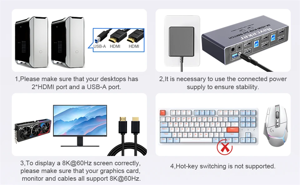 2K 240Hz HDMI KVM Switch 2 Monitors 2 PCs 4K 240Hz USB 3.0 8K Docking Station Sh
