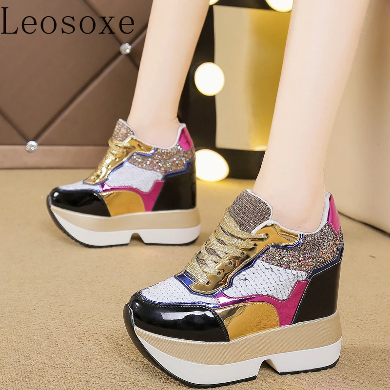 Fashion Women's High Platform Casual Sneakers Height Increasi Leathe Shoes 10 CM Thick Sole Trainers Tennis Sports women shoes,casual sneakers,women sneakers