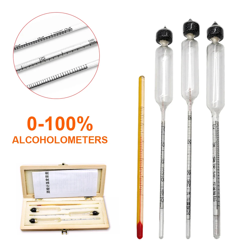 Vodka Whiskey Alcohol Wine Hydrometer Meter In Wooden Box Alcoholmeter Concentration Meter (0-40%, 40-70%, 70-100%) alcohol meter