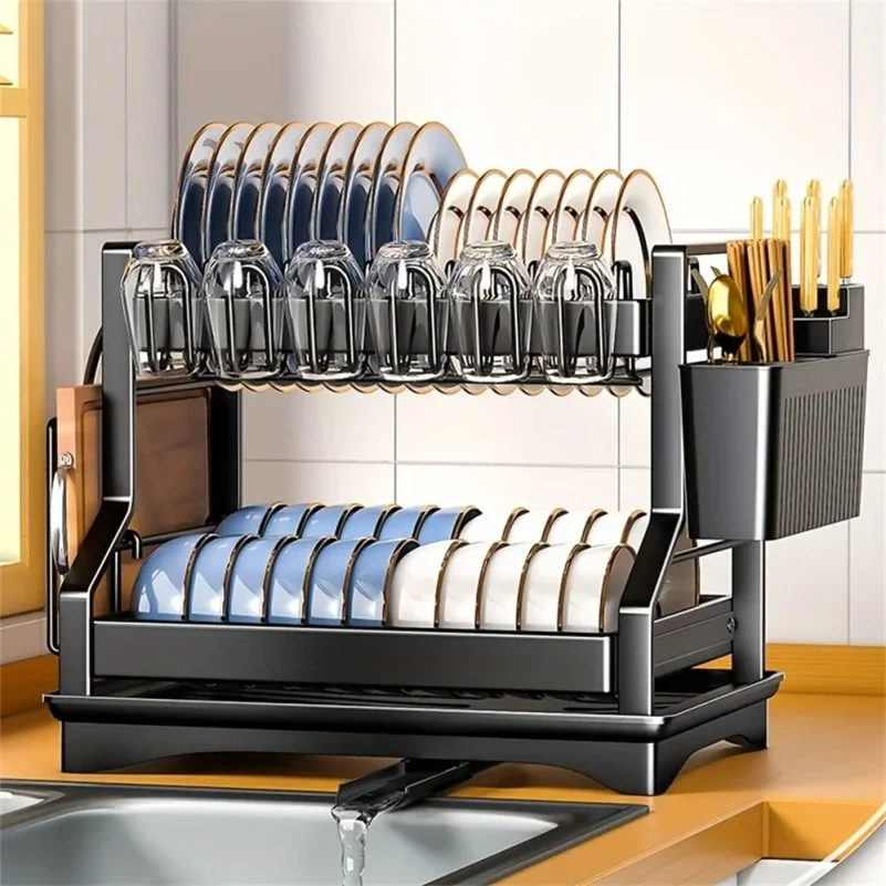 Dish Drying Rack Double Layer Kitchen Organizer with Chopstick Holder & Cup Storage Sink Counter Shelf for Plates Bowls Utensils 4