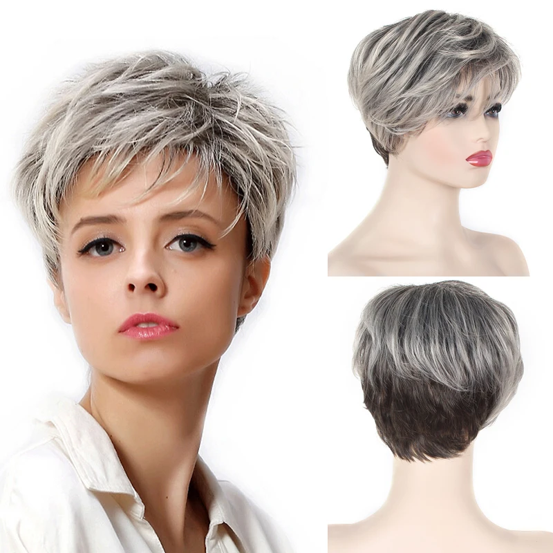 perruque synthétique courte et lisse pour femme faux aspect fibre de degré de gris argenté