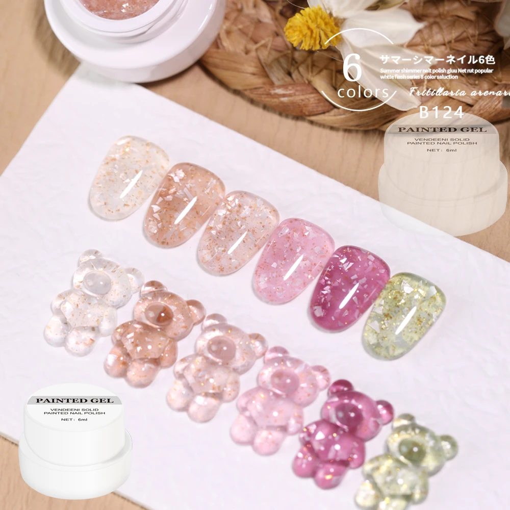 Vendeeni 6 색 쉘 조각 젤 매니큐어 UV LED 젤 래커 끄기 다채로운 운모 락 스팽글 네일 아트 젤 광택 6g