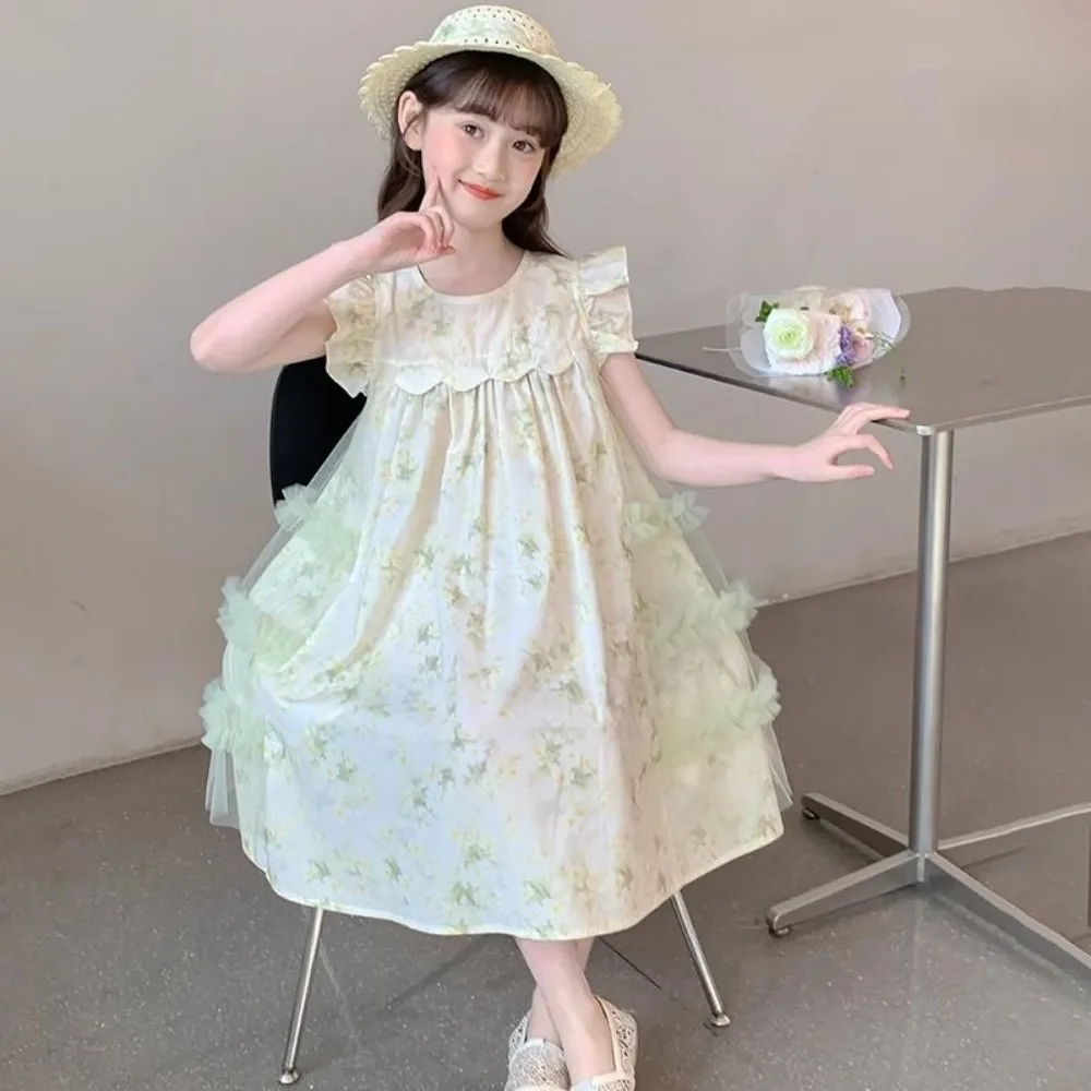 Floral Print Pleated Kids Ruffles Mesh Dress Sleeveless Round Neck Girls Puff Sleeve Skirt Loose Flower Lace