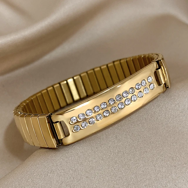 Gold Color Stainless Steel Elastic Bracelet Bangle for Women Rhinestones Wide Bracelet Classic Watch Chain Waterproof Jewelry 5