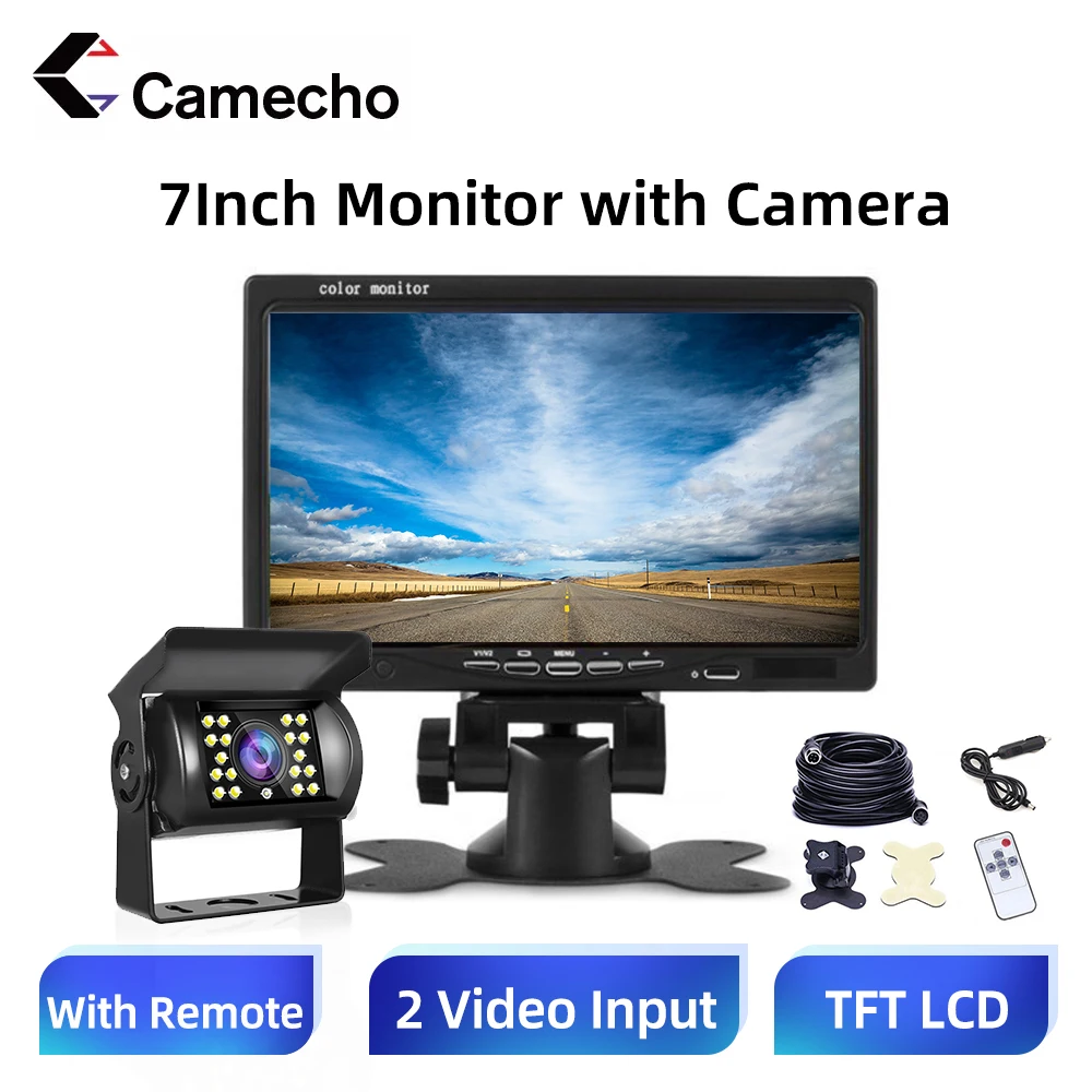 Camecho 7 Inch Car Monitor LCD Display Rearview Waterproof 4pin IR Night Rear View Camera for Bus Truck RV Caravan Trailers