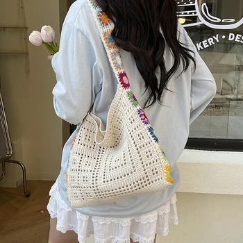 Borsa tote estiva, uncinetto vintage multicolore, floreale bohémien con grande capacità di carico