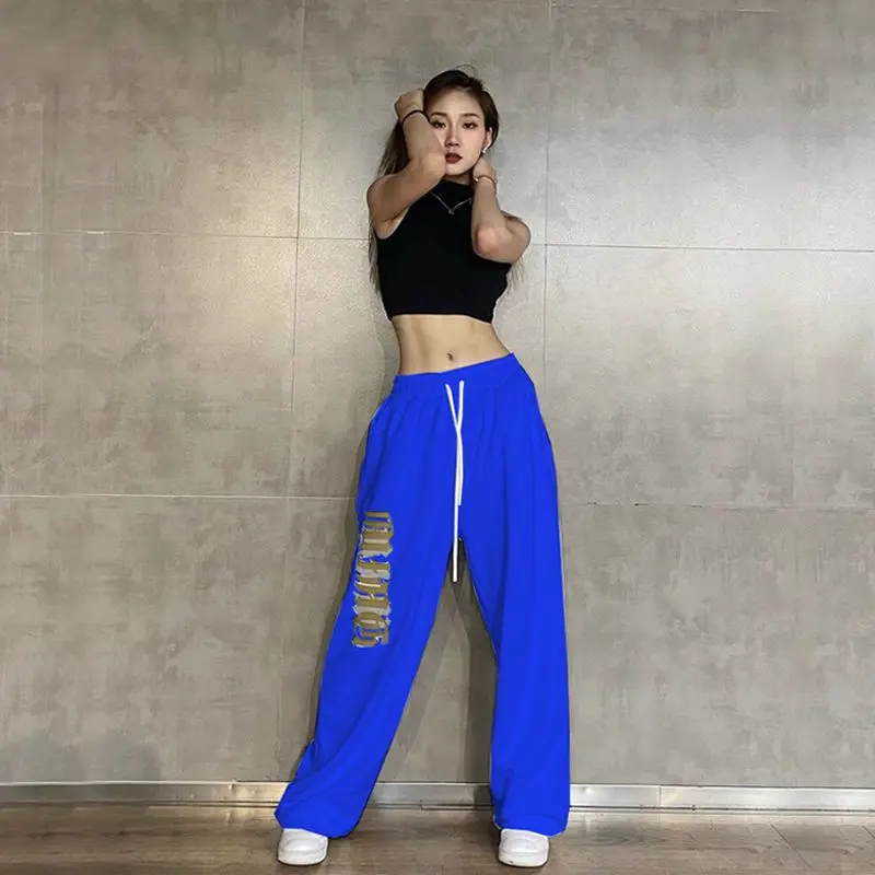 SUO&CHAO High Waist Loose Casual Haren Pants For Womens Solid Color Letter Print Hip Hop Dance Drawstring Trousers Sport Pants