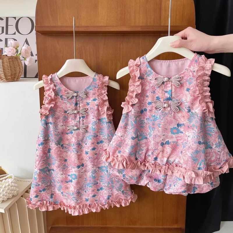 2024Summer New Girls' Trousers Suit-Children Shirt Women's Floral Pattern Cute Children's Clothing24170-24171