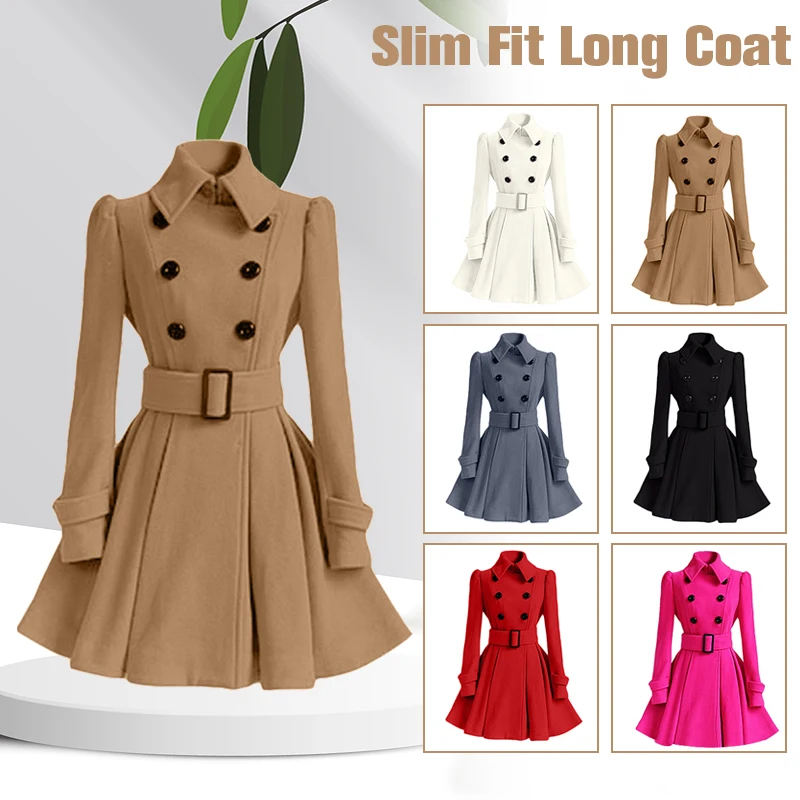 Women Vintage Double Breasted Coats Classic Long Trench With Belt Office Lady Female Autumn Winter Woolen Tops Slim Overcoat