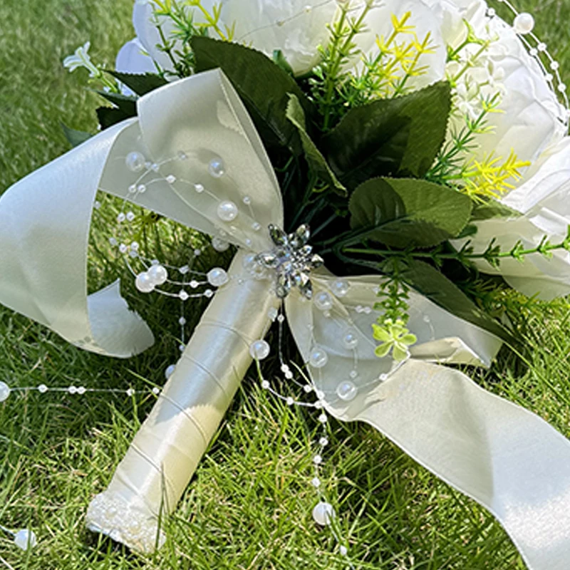 1PC Wedding Bride Rose Bouquet Pearl Chain Rhinestone Flower Wedding Tossing Bouquet Valentine's Day Church Party Decoration Con