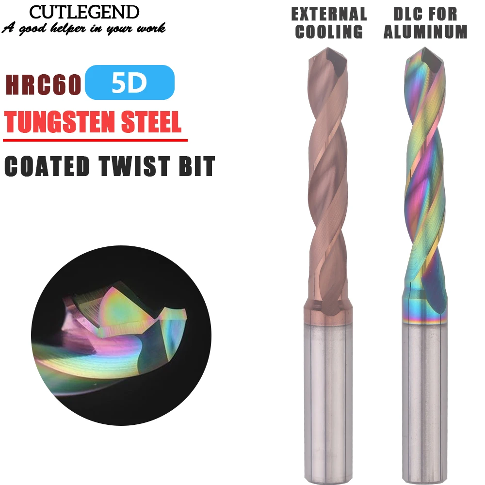 

1PC HRC60 5D Carbide External Cooling Drill Bit Alloy Drill Tungsten Steel Hard Stainless Metal Drill For CNC Machine 3.0-16mm