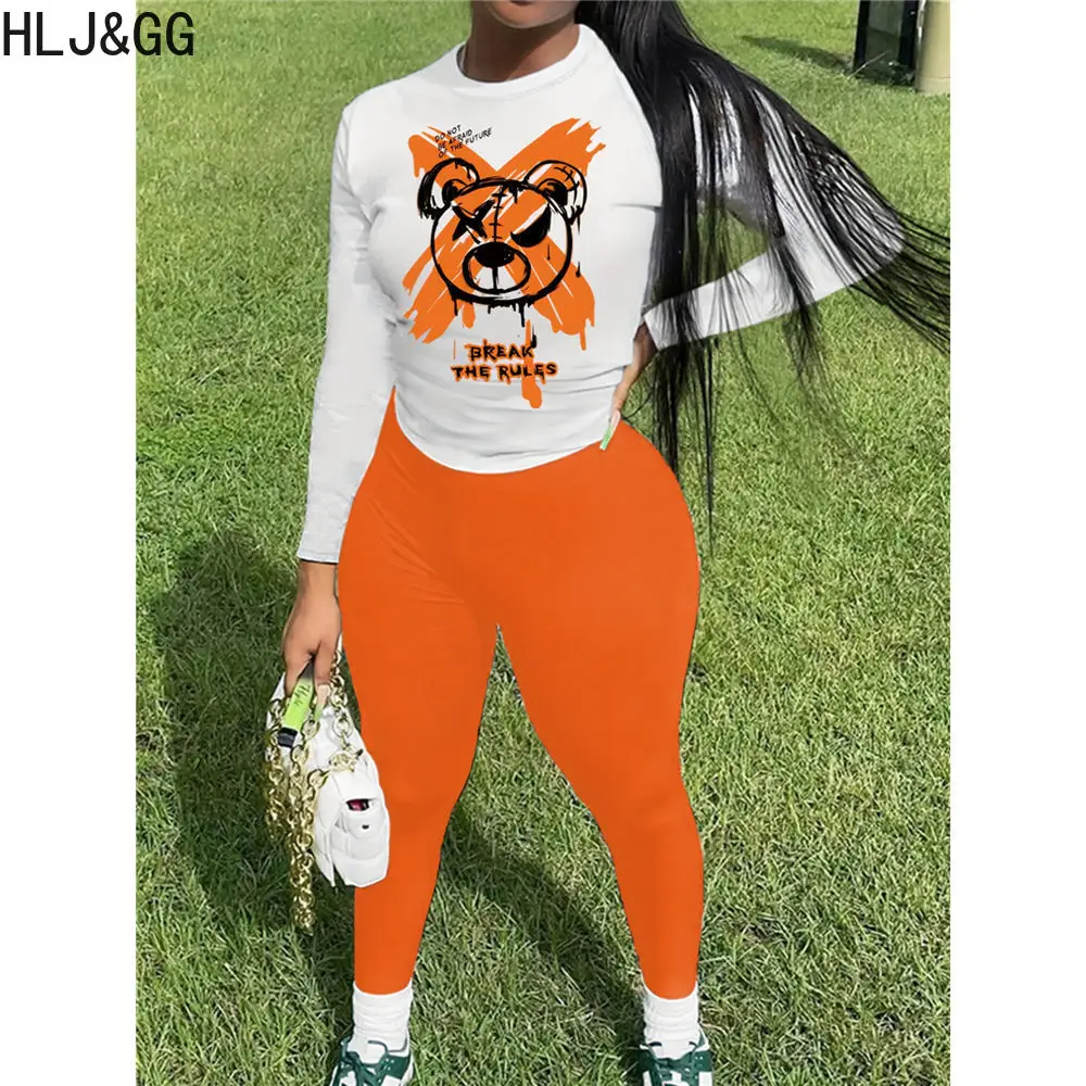 HLJ&GG Fashion Pattern Print Two Piece Sets Women Round Neck Long Sleeve Top And Skinny Pants Tracksuits Casual Sporty Outfits cartoon plush kpop photocard holder tiger dog bear rabbits pattern card holder pendant keychain idol photo card holder sleeve