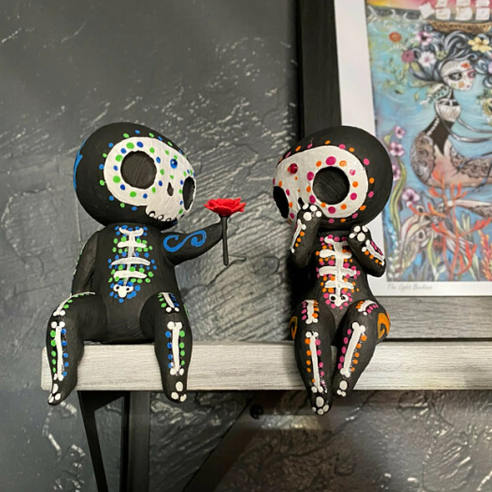 2pcs/set Lovers Couple Miniature Mini Doll Sugar Skull Couple Statue Cute Resin Crafts Home Decoration Accessories Ornaments