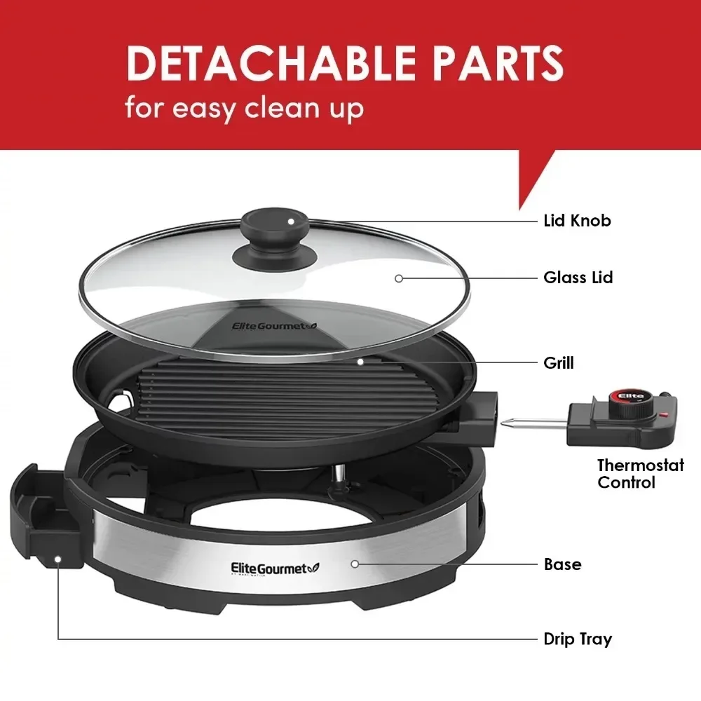 Smokeless Indoor Electric BBQ Grill with Glass Lid, Dishwasher Safe, Nonstick, Adjustable Temperature, Fast Heat Up, Stainless 4