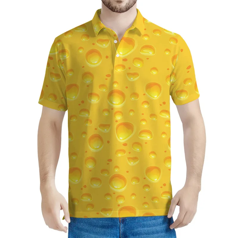 Cartoon Cheese Polo per uomo Summer Street allentato a maniche corte Tees 3d Printed Food Button risvolto T Shirt Casual top - immagine 4