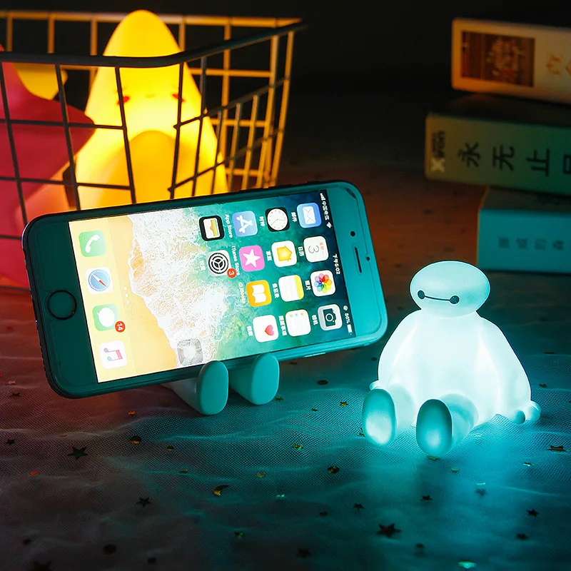 

Disney Baymax Mobile Phone Holder Lazy Stand Table Desk Night Light Glowing Cartoon Anime Figure Dolls Model Holders Gift