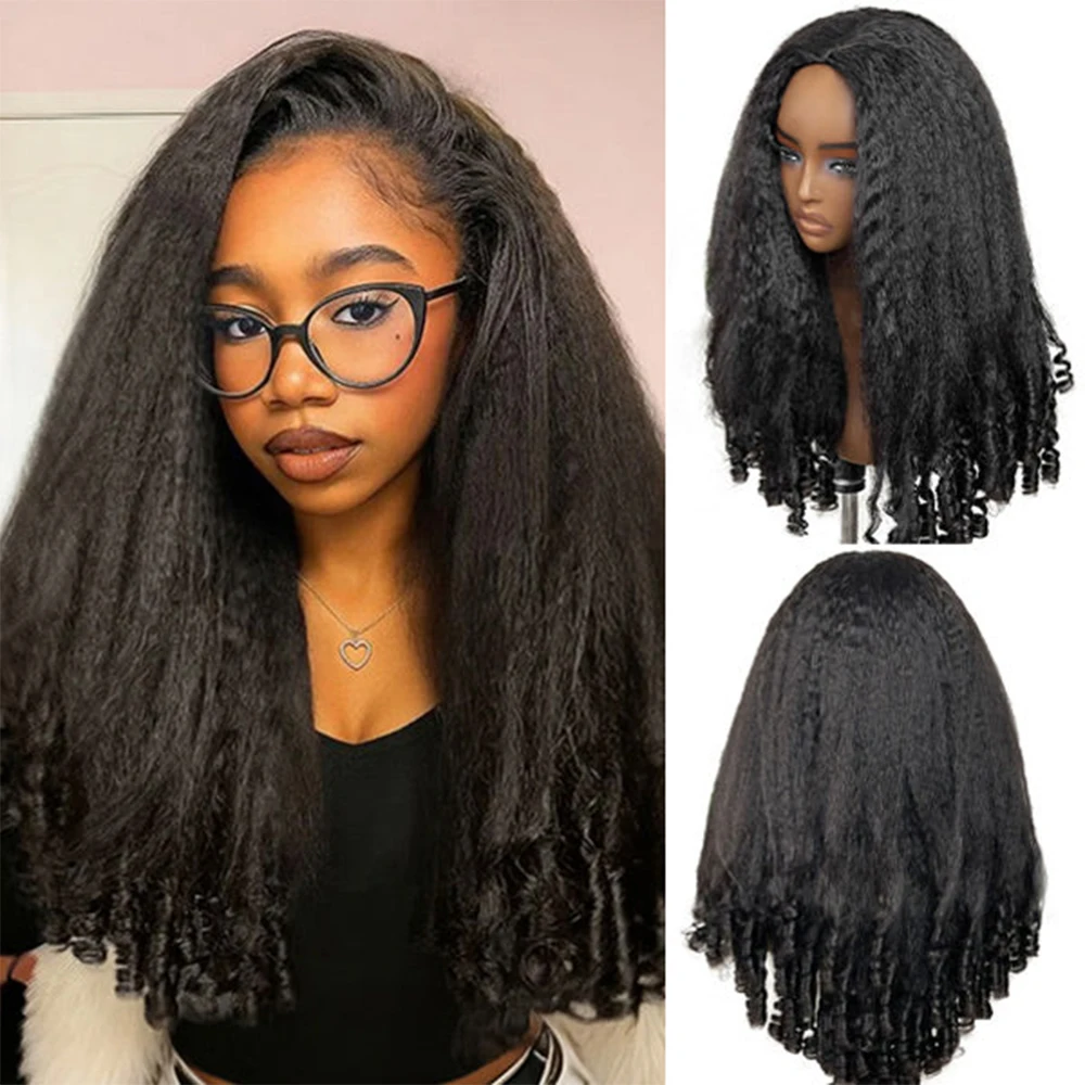 Kinky Straight Burmese Curly 3 IN 1 Half Wigs Human Hair Glueless Wigs Human Hair Half Wig Drawstring Kinky Straight Half Wig