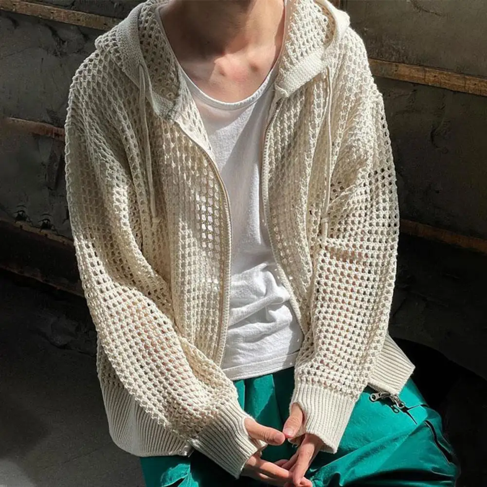 

Basic Knitted Jacket Hooded Hip Hop Cardigan Stylish Men's Winter Jacket with Hollow Out Design Zipper Closure Men Knitted