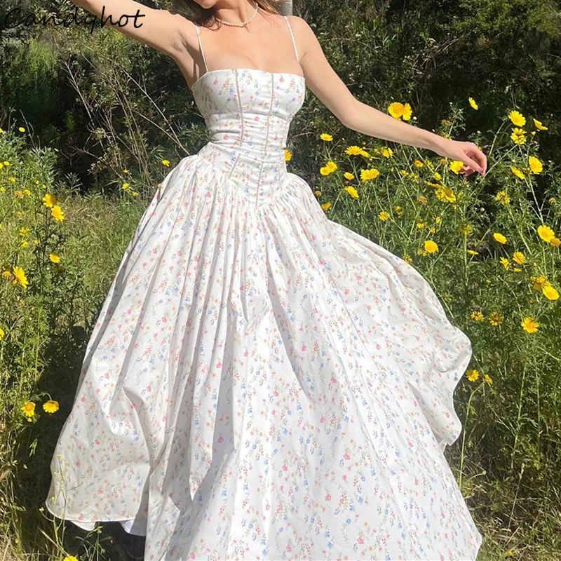 Candyhot Elegant Slim Pleated Print Sleeveless Maxi Dresses Aesthetic Off Shoulder Spaghetti Strap Dress Women Party Vestidos 1
