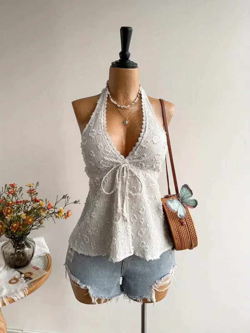 Ladies' Summer V-neck Lace Neck Strap Off Shoulder Leisure Vacation Easter Beach Wear Music Festival Top 3