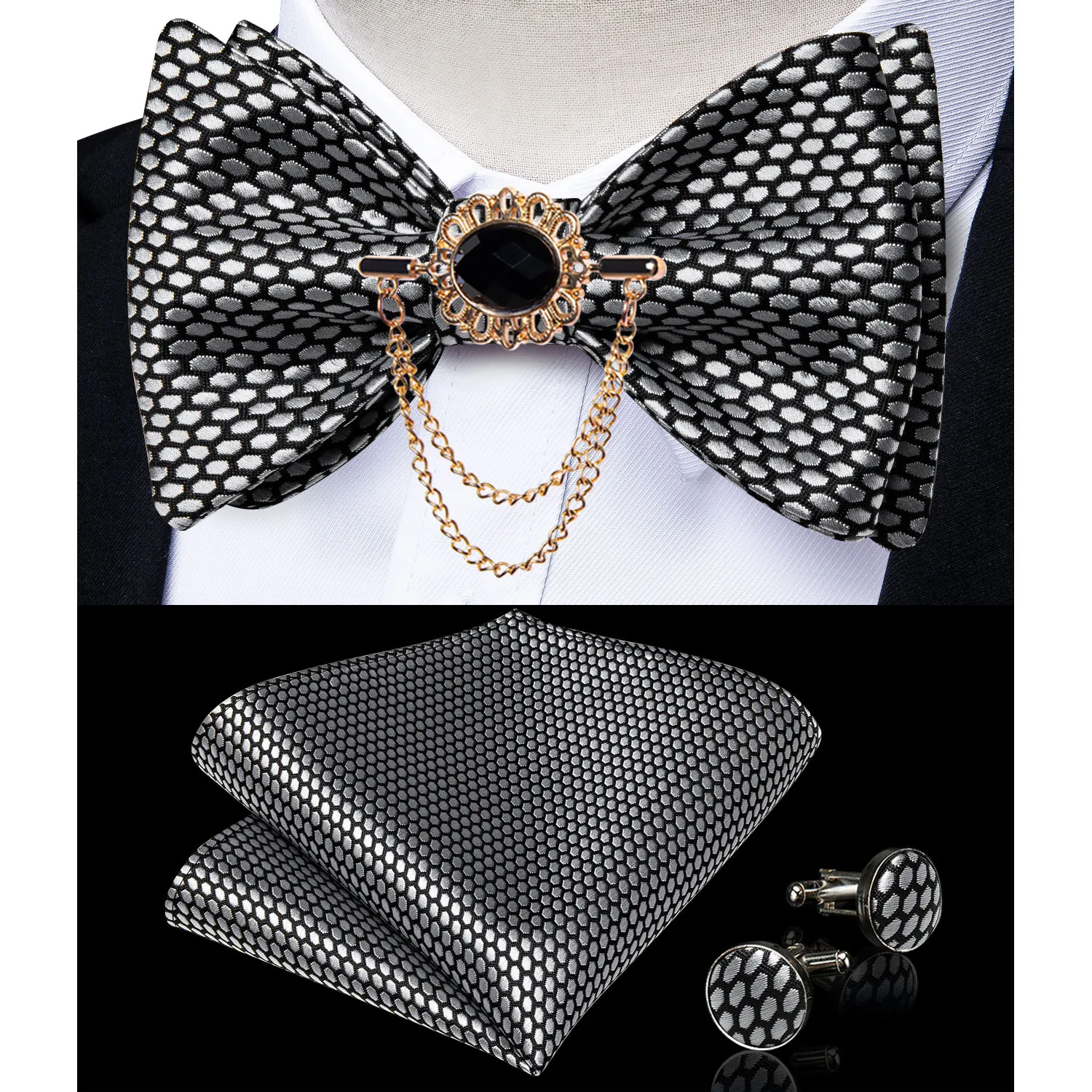 Exqusite Men's Self-tie Bowties Wedding Neck Ties For Man Accessories Cufflinks Hanky Brooch Set Red Black Yellow Blue Bowtie