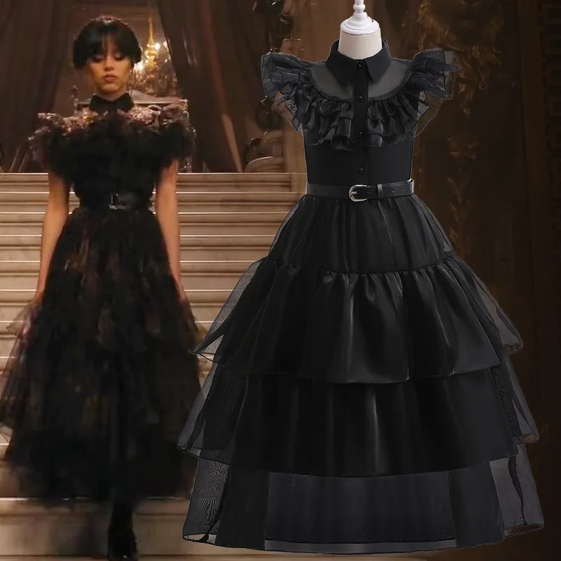 Wednesday Addams Girls Black Tulle Dress Wednesday Addams Cosplay Vestito Da Ballo Alla Moda Del Venerdì Addams Kids Dress Belt
