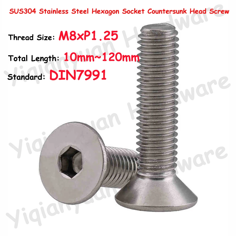 

M8xP1.25 Coarse Thread DIN7991 SUS304 Stainless Steel Hexagon Socket Countersunk Head Screws Allen Key Bolts Flat Hex Screws
