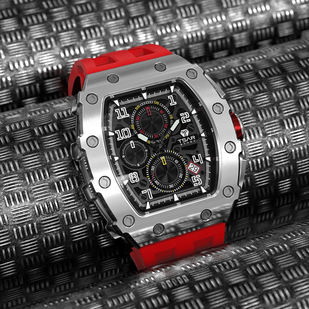 TSAR BOMBA 男性用腕時計高級防水クォーツ腕時計トノー時計ギフトクロノグラフ長方形メンズ腕時計