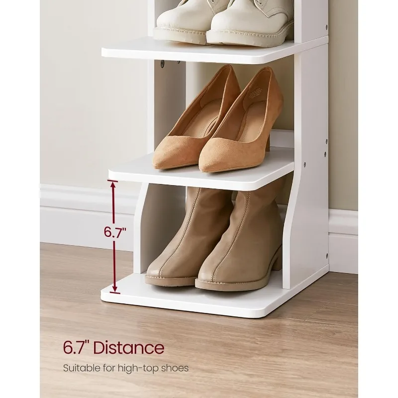 7 Tier Vertical Shoe Rack, Narrow Shoe Storage Organizer with Hooks, Slim Wooden Corner Tower Rack, Robust and Durable