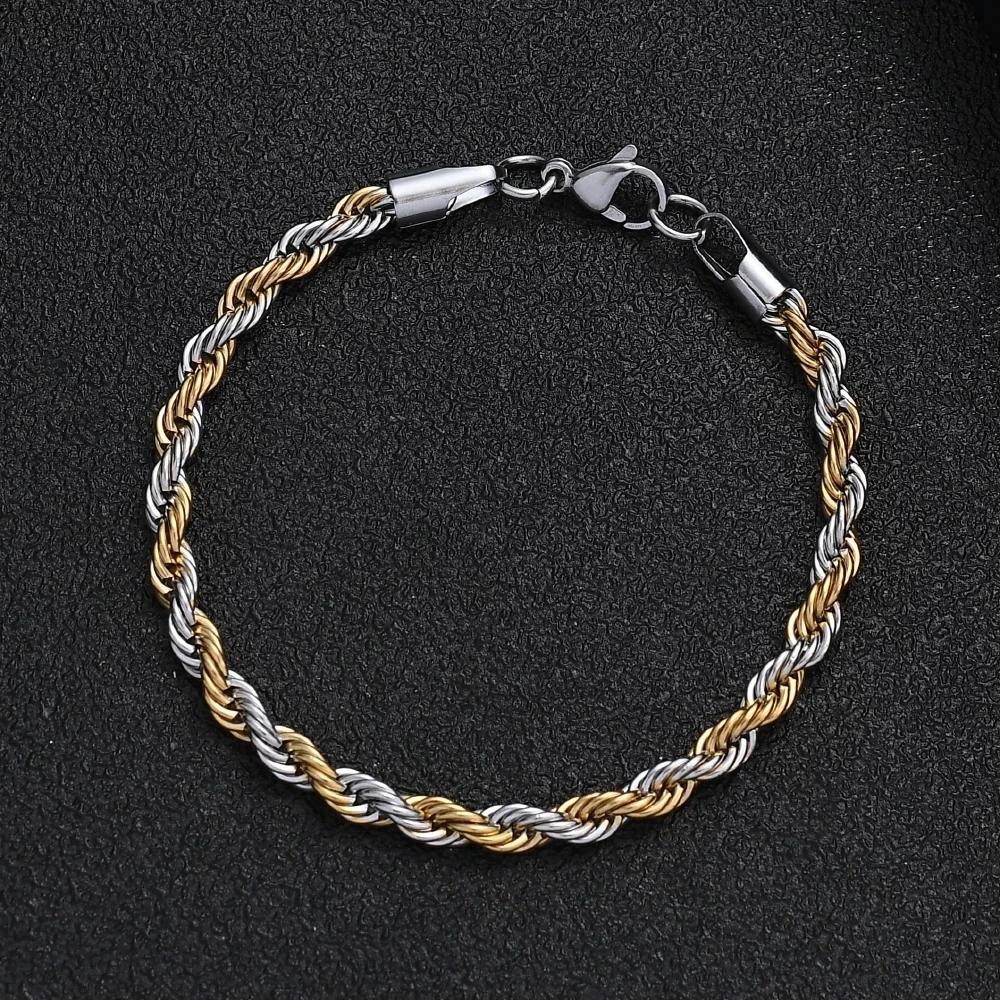 New Stainless Steel Half Gold Silver Color Twist Chain Bracelet for Men Women Kpop Jewelry Gift