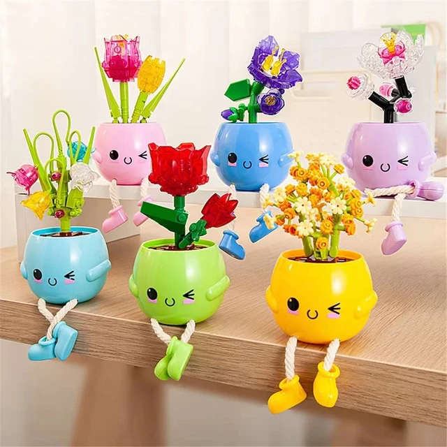 Cute Creative DIY Assemable Diamond Rose Plant Pot Building Blocks Sets Color Mini for Mobile Phone Holder 3D Model Bricks Gift