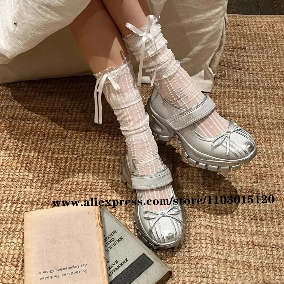 Silver Butterfly Knot Hook&Loop Shallow Casual Shoes2024 Summer New All-Match INS Fashion Shoes Round Toe Thick Sole Y2K Shoes