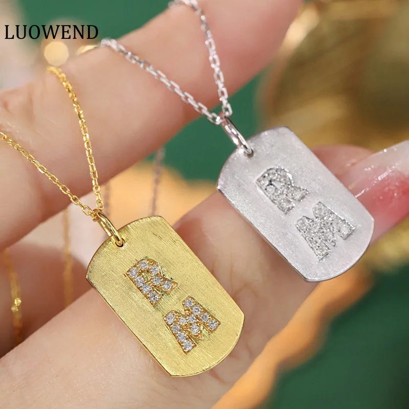 

LUOWEND 18K White/Yellow Gold Necklace Fashion Letter Plaque Design INS Style Real Natural Diamond Pendant Necklace for Women