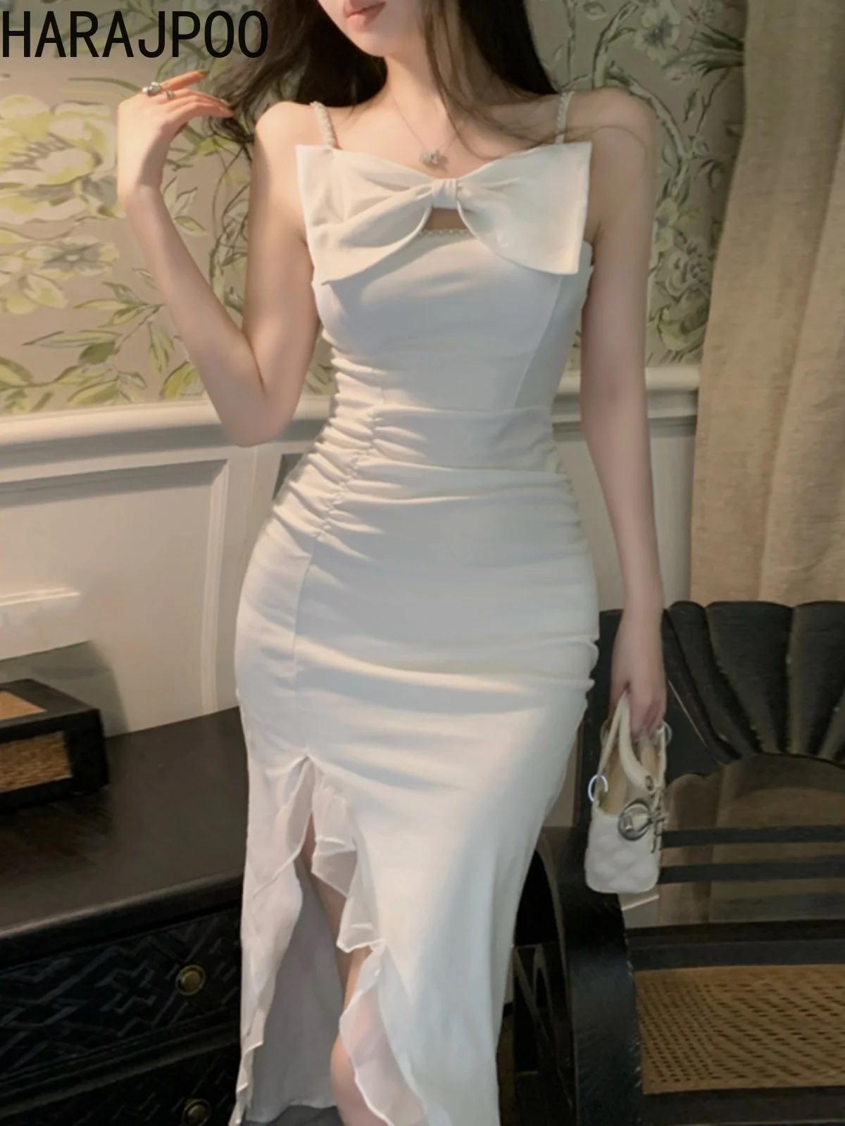 

Модное пикантное платье Harajpoo на бретельках с бантом оборками по краям необычный облегающий внешний вид с разрезом на бедрах платье средней длины Vestidos