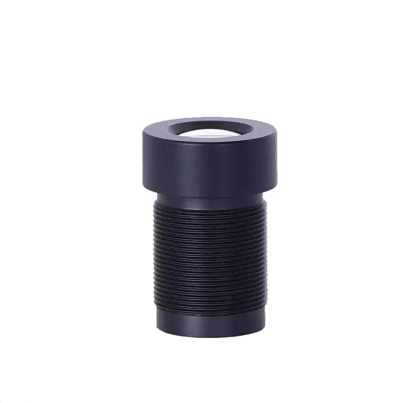 Gros plan sur l'objectif HD 12mm 12MP 4K M12, mettant en avant la qualité optique.