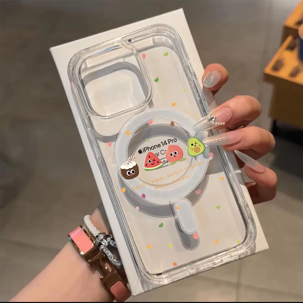 Adorable Fruit Cartoon Shockproof Transparent Phone Case with MagSafe Compatibility