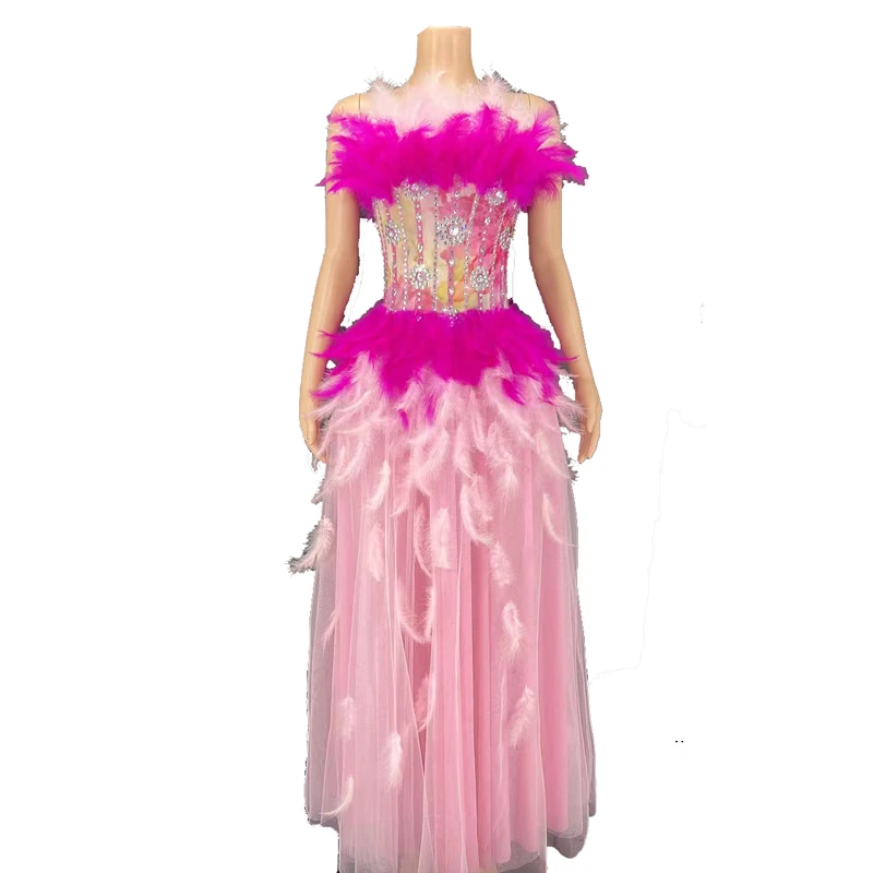 

Sparkling Crystals Pink Dress Sexy Crystal Rhinestone Long Dress Wedding Party Woman Dance Costumes