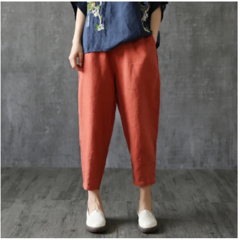 Cotton and Linen Harem Trousers for Women Elastic Waist Pant with Casual Hippie Loos Simple Daily Pants Super Comfy Autumn Cloth