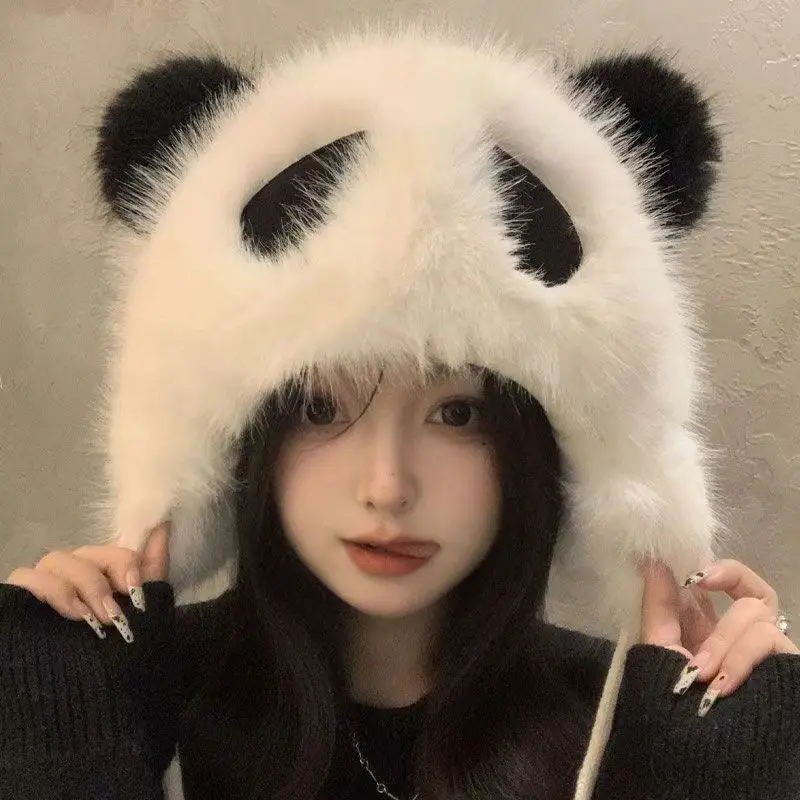 Cute Plush Animal Panda Cartoon Fuzzy Beanie Hat Winter Adult Women's Men's Costume Warm Fluffy Cosplay Girls Cap 2