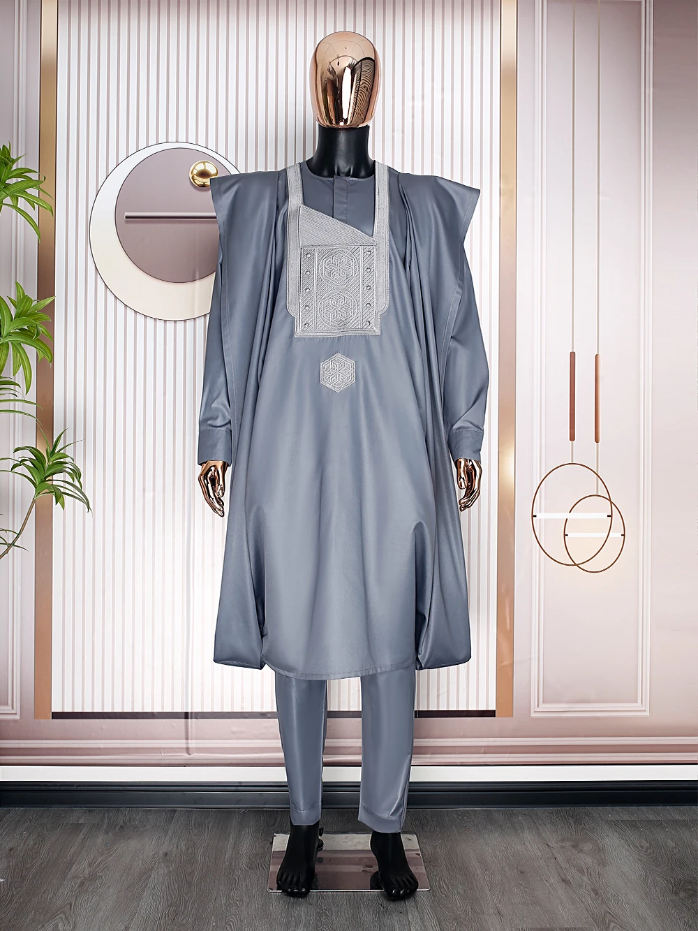 African Dress Kaftan Dress African Men Set H&D South African Traditional Wear Formal Attire Bazin Riche Dashiki Gray Shirt Pants Robe Suit Agbada Men's wedding party